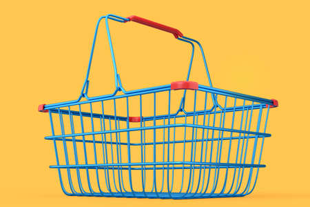 Metal wire shopping basket from supermarket on yellow background. 3d render concept of online...