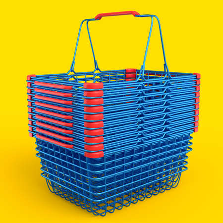 Stack of metalwire shopping basket from supermarket on yellow background. 3d render concept of online shopping andblack friday saleの写真素材