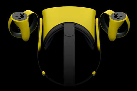 Virtual reality glasses and controllers for online and cloud gaming on black background. 3D...