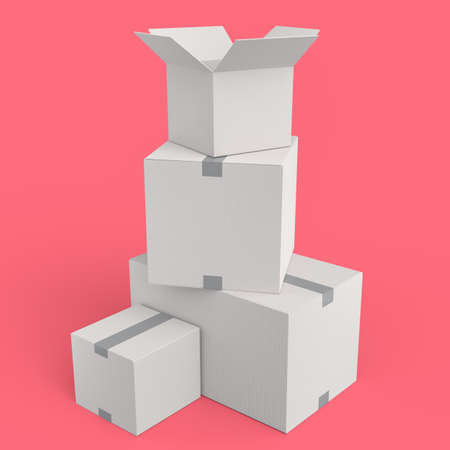 Set of cardboard boxes or carton gift box isolated on pink background. 3d render concept of express...