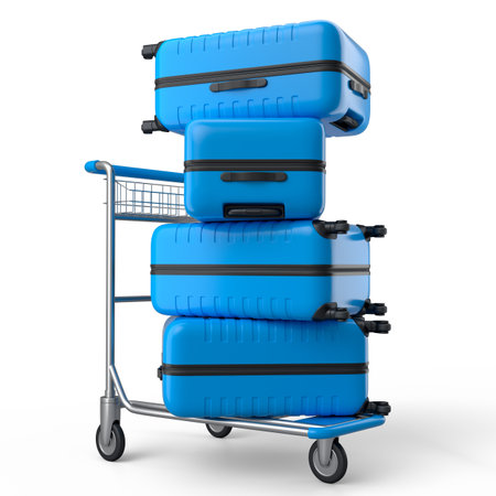 Regular polycarbonate suitcase on hotel trolley cart for carrying baggage on white background. 3d...