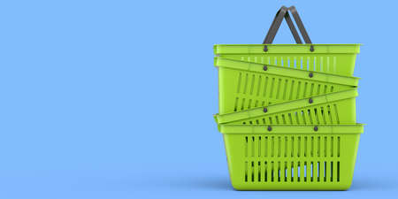 Stack of plastic shopping basket from supermarket on blue background. 3d render concept of online...