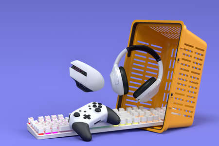 Flying gamer gears like mouse, keyboard, joystick, headset, VR Headset. web camera in plastic basket on purple background. 3d render of sale, shopping and delivery of accessories for live streamingの写真素材