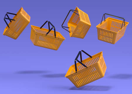 Set of flying plastic shopping basket from supermarket on purple background. 3d render concept of online shopping and black friday saleの写真素材
