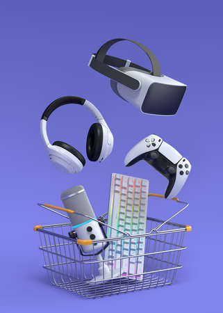 Flying gamer gears like mouse, keyboard, joystick, headset, VR Headset in metal wire basket on...