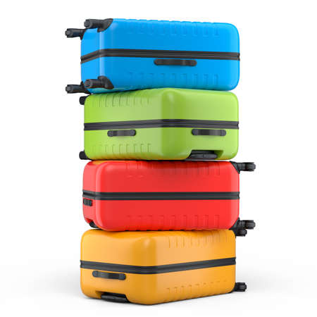 Stack of polycarbonate suitcases isolated on white background. 3d render travel concept of baggage...