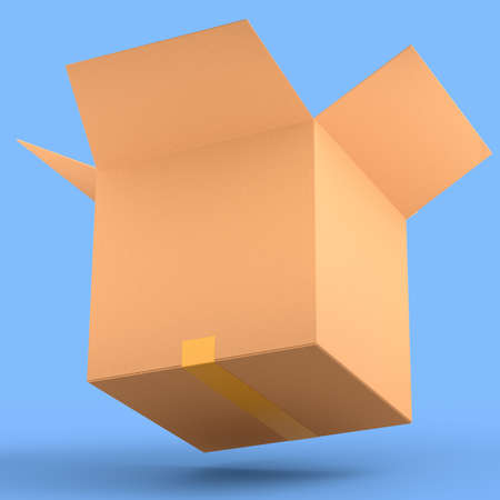 Cardboard box or carton on blue background, carrying parcel and online shopping