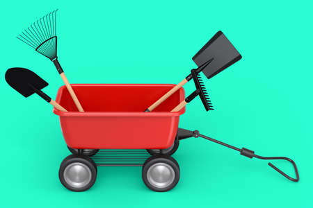 Garden wheelbarrow with garden tools like shovel, rake and fork on green background. Handcart or cart with wheel. 3d render of farm gardening tool for carriage of cargoes.の写真素材