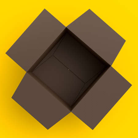 Cardboard box or carton gift box isolated on yellow background. 3d render concept of express delivery to warehouse, carrying parcel and online shoppingの写真素材