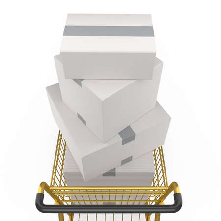 Shopping cart or trolley for groceries on white background. 3d render concept of sale, discount,...