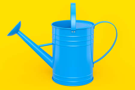Watering can isolated on a yellow background. 3d render concept of gardening equipment tools for farm and harvestingの写真素材