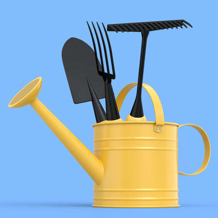 Watering can with garden tools like shovel, rake and fork on blue background. 3d render concept of horticulture and farming suppliesの写真素材