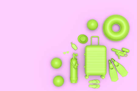 Colorful suitcase or baggage with beach accessories on monochrome pink background. 3D render of...