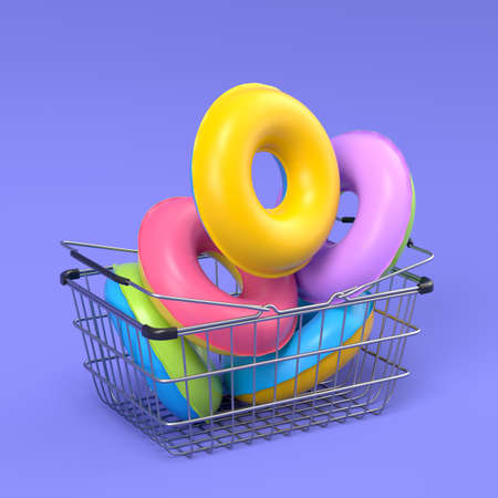 Colorful inflatable ring in shopping basket on blue background. 3D render of summer vacation concept...