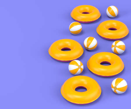 Colorful inflatable rings and balls on blue background. 3D render of summer vacation concept and...