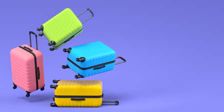 Colorful suitcase or baggage flying on blue background. 3D render of summer vacation concept and holidaysの写真素材