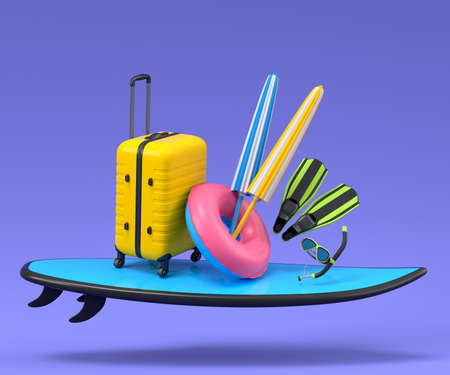 Colorful surfboard, beach ring, umbrellas and scuba mask on blue background. 3D render of summer vacation concept and holidaysの写真素材