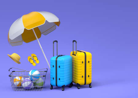 Colorful luggage with beach accessories and shopping basket flying on blue background. 3D render of summer vacation concept and holidaysの写真素材
