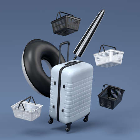 Colorful luggage with beach accessories and shopping basket flying on black and white background. 3D...