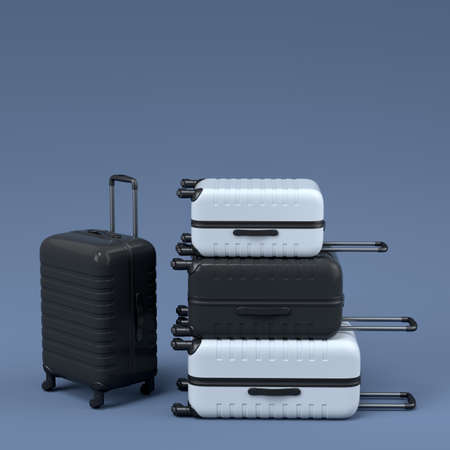 Colorful suitcase or baggage on black and white background. 3D render of summer vacation concept and...