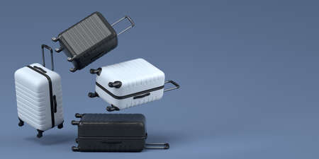 Colorful suitcase or baggage flying on black and white background. 3D render of summer vacation concept and holidaysの写真素材