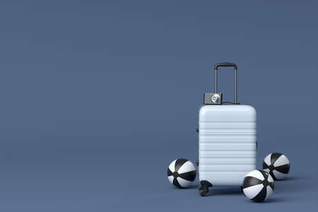 Suitcase with beach ball and flip flops on black and white background. 3D render of summer vacation...