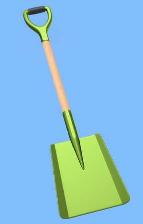 Garden shovel with wooden handle isolated on blue background. 3d render of garden tool and equipment for farm, summer campingの写真素材