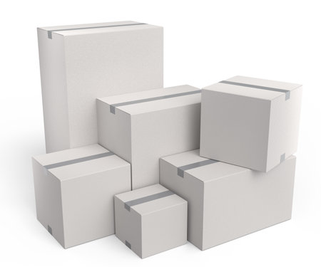 Cardboard box or carton on white background, carrying parcel and online shoppingの写真素材