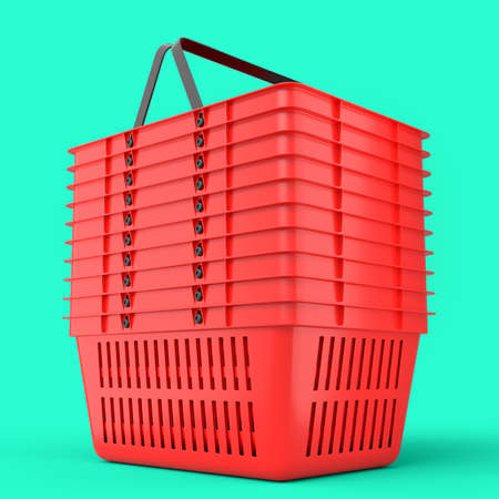 Stack of plastic basket from supermarket for online shopping on green backgroundの写真素材