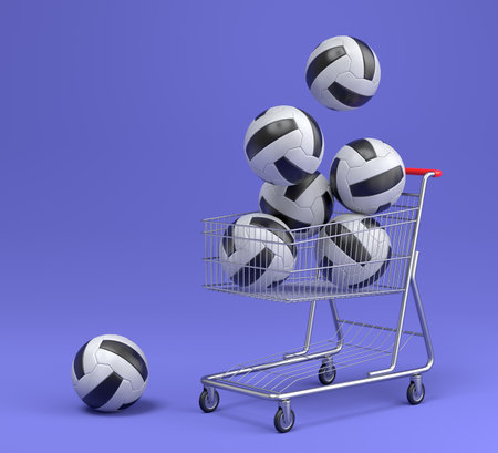 Set of ball like basketball, american football and golf in shopping cart on violet background. 3d rendering of sport accessories for team playing gamesの写真素材