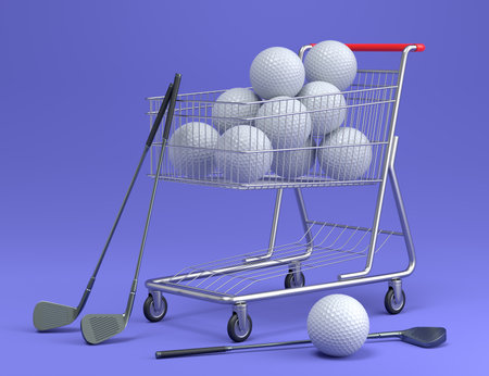 Set of ball like basketball, american football and golf in shopping cart on violet background. 3d rendering of sport accessories for team playing gamesの写真素材