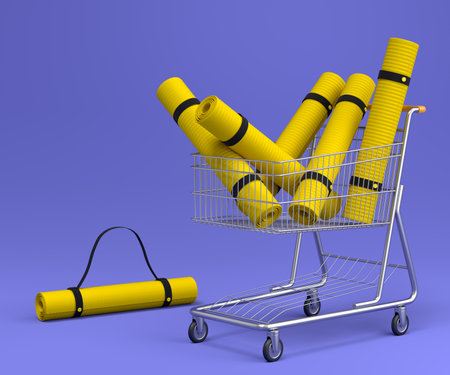 Sport equipment like yoga mat for fitness or crossfit in shopping cart on violet background. 3d render of power lifting and fitness conceptの写真素材