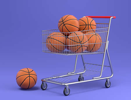 Set of ball like basketball, american football and golf in shopping cart on violet background. 3d rendering of sport accessories for team playing gamesの写真素材