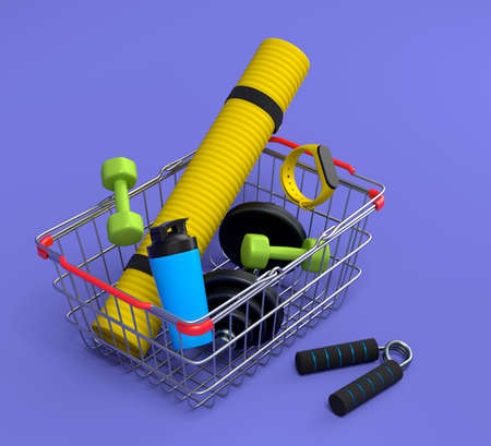 Sport equipment for fitness, gym, crossfit in shopping basket on violet background. 3d render of power lifting and fitness conceptの写真素材