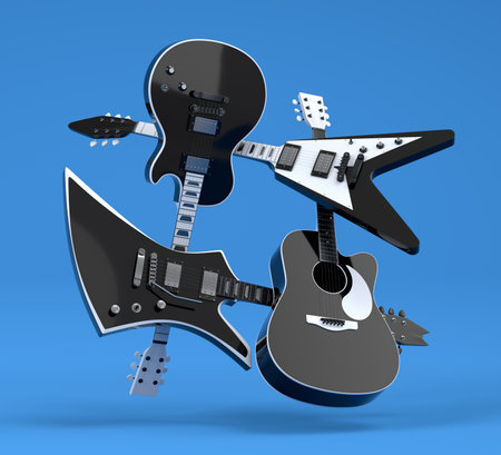Set of electric acoustic guitars isolated on blue background. 3d render of concept for rock festival poster with heavy metal guitar for music shopの写真素材