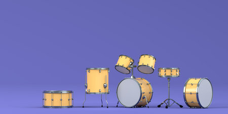 Set of drums with metal cymbals on purple background. 3d render of musical percussion instrument, drum machine and drumset with heavy metal guitar for rock festival posterの写真素材