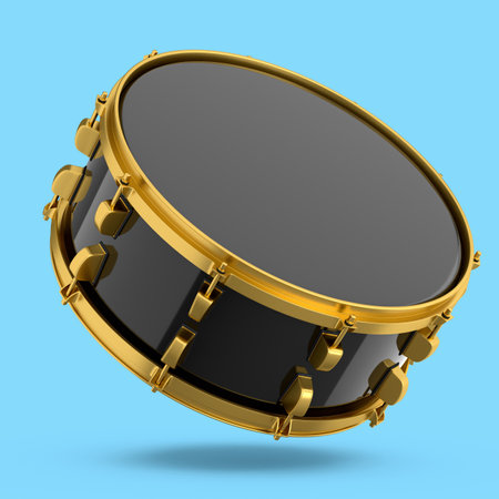 Realistic drum on blue background. 3d render concept of musical instrument, drum machine.の写真素材