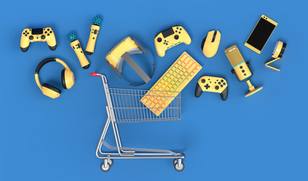 Lying gamer gears like mouse, keyboard, joystick, headset, VR Headset in shopping carts on blue background. 3d render concept of sale, shopping and delivery of accessories for live streamingの写真素材