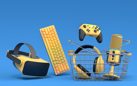 Gamer gears like mouse, keyboard, joystick, headset, VR Headset in metal wire basket on blue background. 3d render concept of sale, discount, shopping and delivery of accessories for live streamingの写真素材