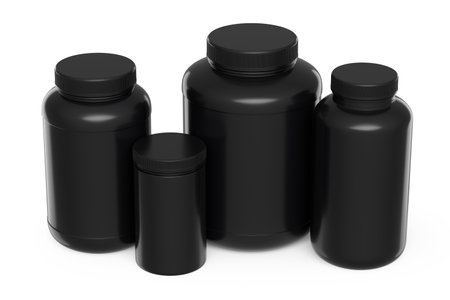 Set of black plastic jar for sport nutrition protein powder isolated on whiteの写真素材