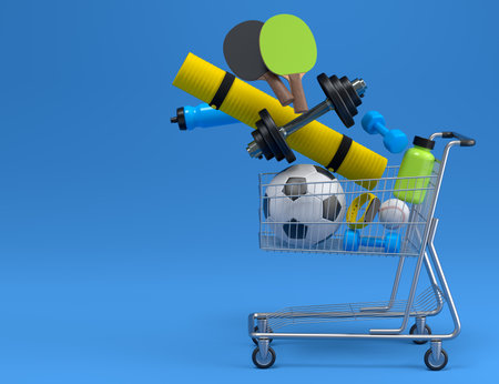 Sport equipment for fitness, gym, crossfit in shopping cart on blue background. 3d render of power lifting and fitness conceptの写真素材