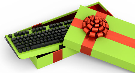 Gift boxes with keyboard, ribbon and bow isolated on white background. 3d render concept of greeting design Birthday, Christmas, Black friday, New Yearの写真素材