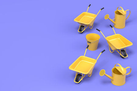 Garden wheelbarrow with garden tools like water can, rake and bucket on blue background. 3d render concept of horticulture and farming suppliesの写真素材