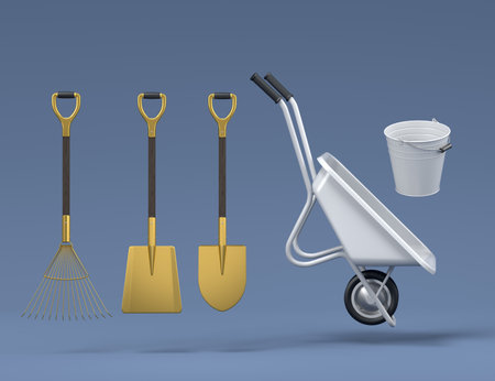 Garden wheelbarrow with garden tools like shovel, rake and fork on grey background. 3d render concept of horticulture and farming suppliesの写真素材