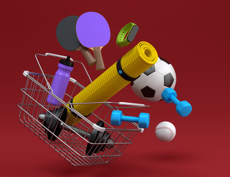 Sport equipment for fitness, gym, crossfit in shopping cart on red background. 3d render of power lifting and fitness conceptの写真素材