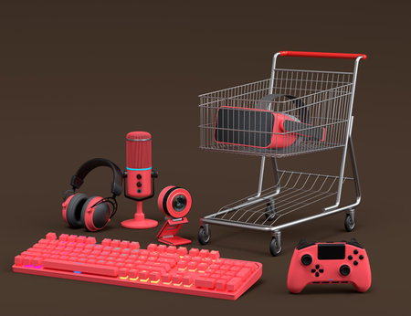 Gamer gears like keyboard, joystick, headphones, VR glasses, microphoneの写真素材