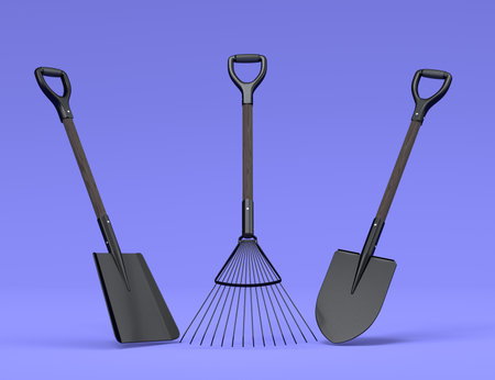 Garden shovel, pitchfork and rake on violet background, summer camping conceptの写真素材