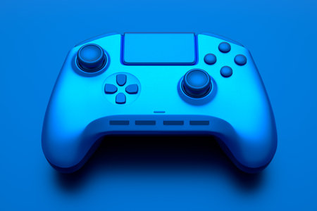 Realistic video game joystick with blue chrome texture isolated on blue background. 3D render of streaming gear for cloud gaming and gamer workspace conceptの写真素材