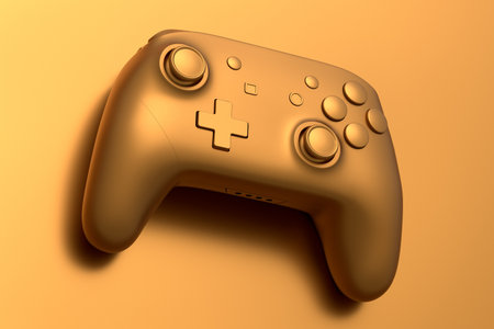 Realistic video game joystick with gold chrome texture isolated on golden background. 3D render of...