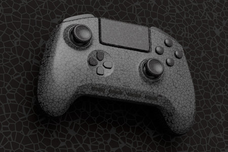 Realistic video game joystick with black chrome texture isolated on black background. 3D render of...
